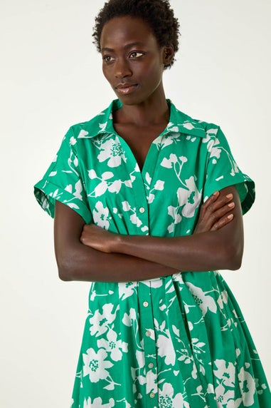 Roman Green Floral Cotton Poplin Shirt Dress
