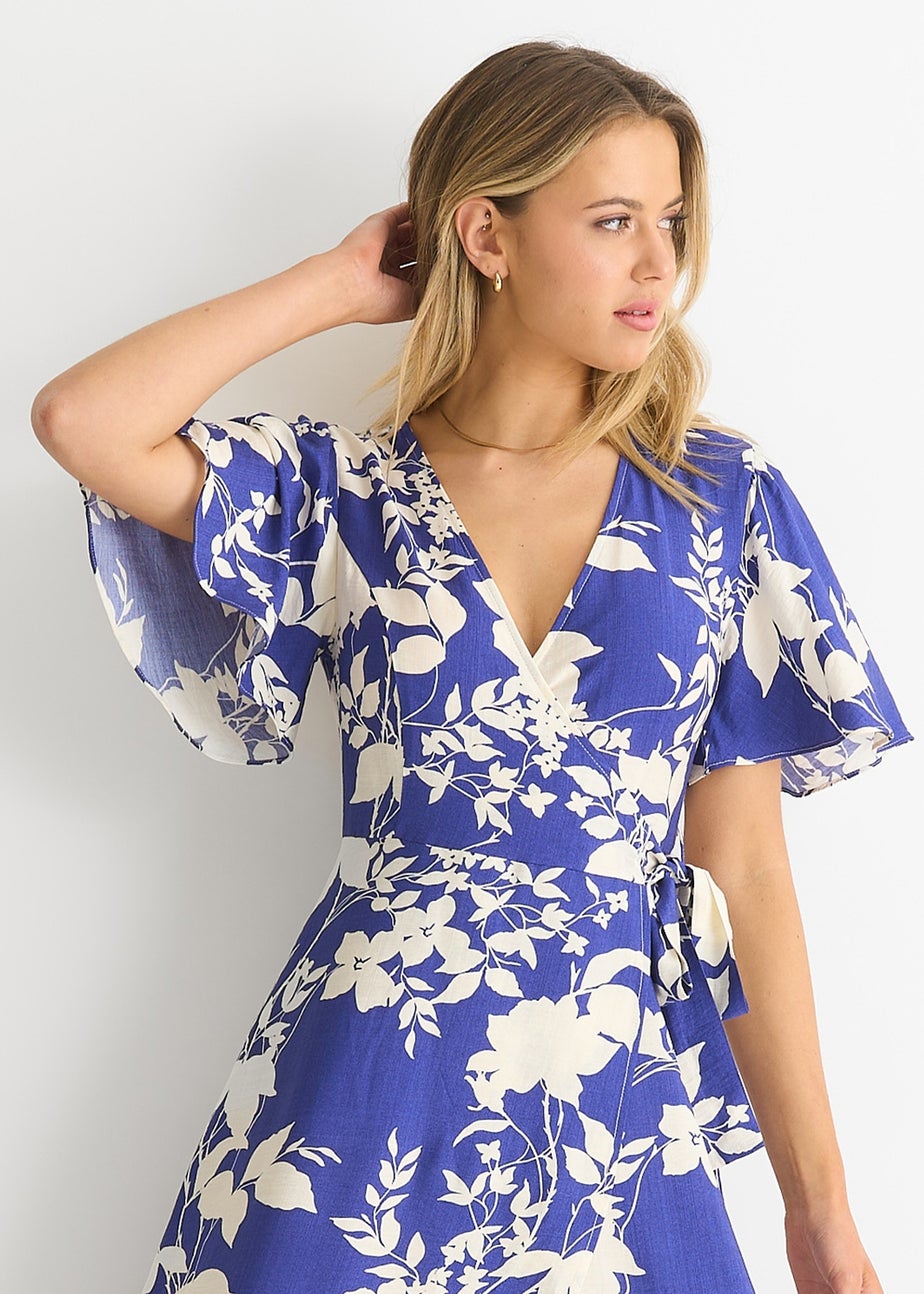Gini London Blue Viscose Floral Wrap Midi Dress