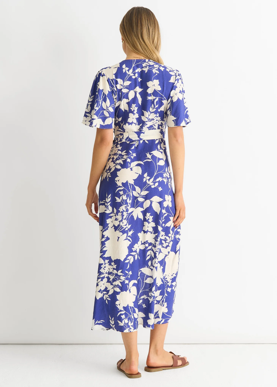 Gini London Blue Viscose Floral Wrap Midi Dress
