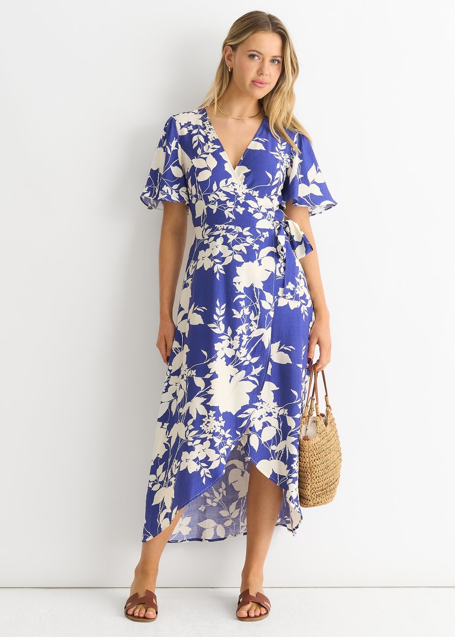 Gini London Blue Viscose Floral Wrap Midi Dress