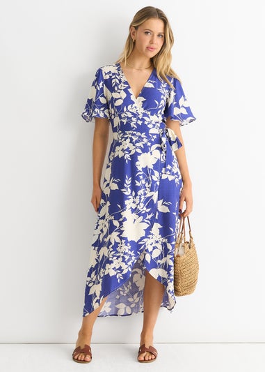 Gini London Blue Viscose Floral Wrap Midi Dress