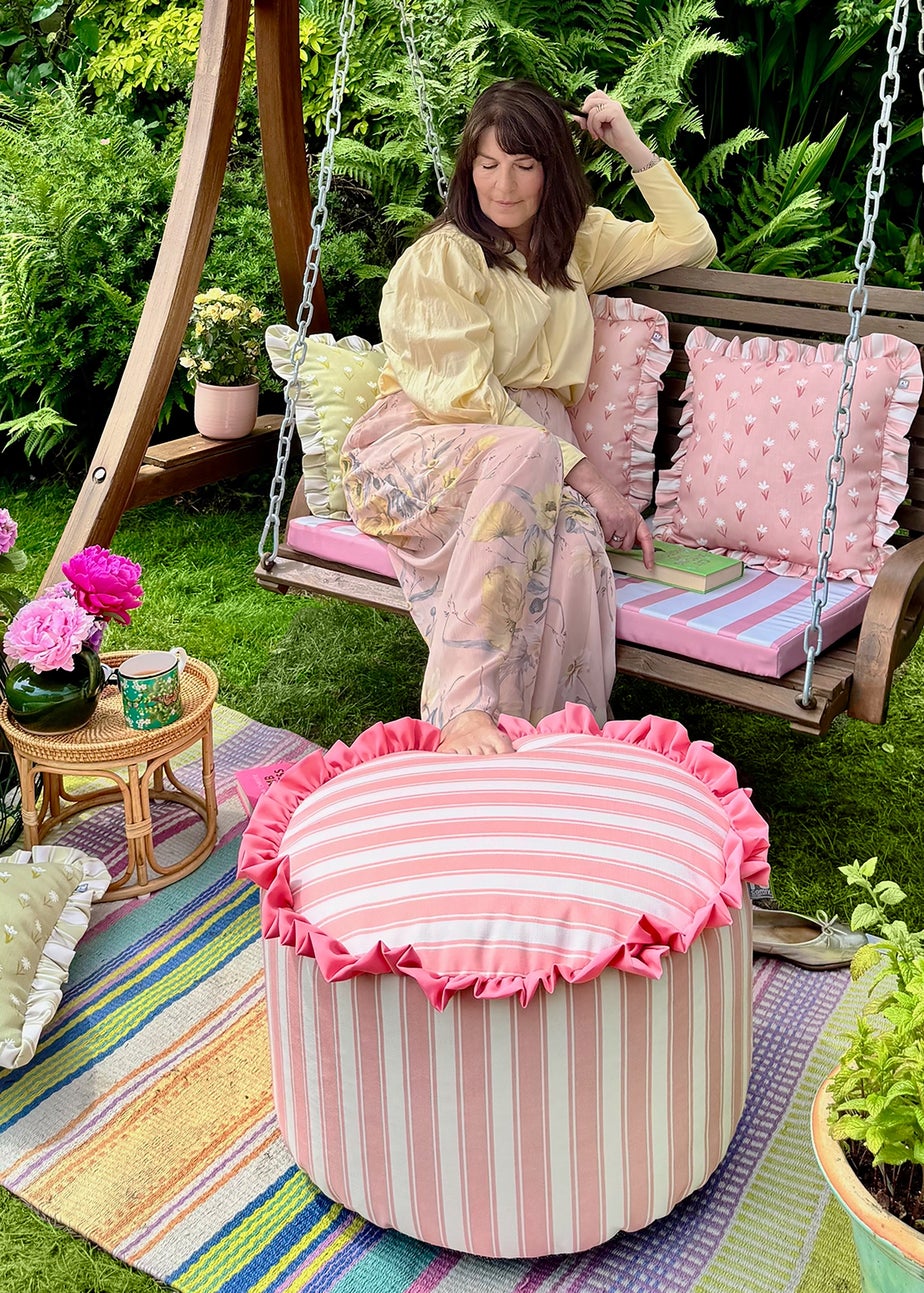 rucomfy Printed Striped Dusky Pink Frilled Pouffe