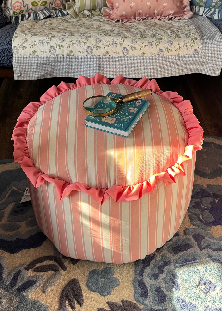 rucomfy Printed Striped Dusky Pink Frilled Pouffe