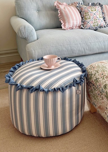rucomfy Printed Striped Seafoam Blue Frilled Pouffe