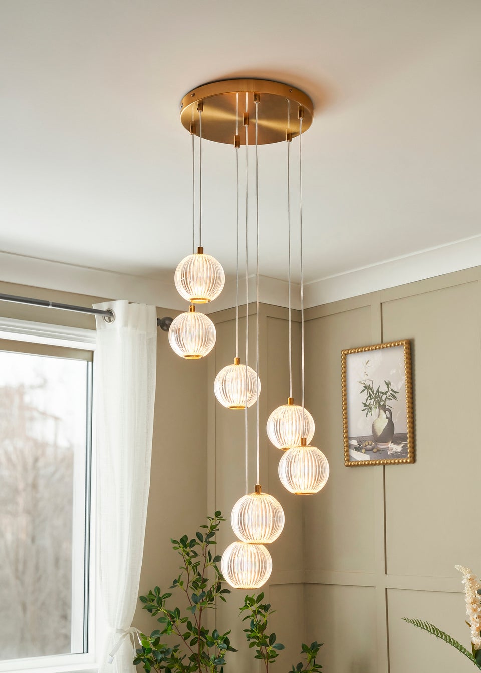 BHS Lighting Raeden LED Brass Acrylic Ball 7 Light Cascade (80-110cm x 36cm)