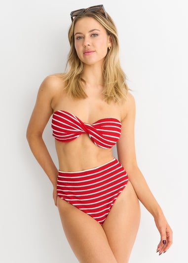 Gini London Red Textured High Waisted Stripe Bikini Bottom