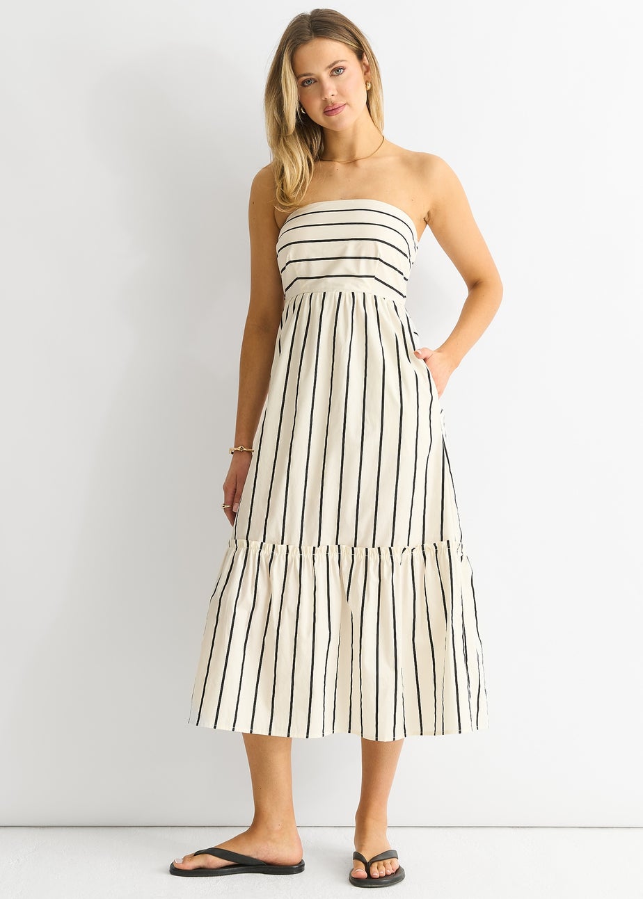 Gini London White Stripe Cotton Bardot Smock Midi Dress