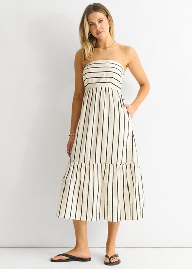 Gini London White Stripe Cotton Bardot Smock Midi Dress