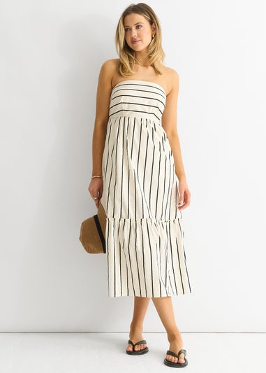 Gini London White Stripe Cotton Bardot Smock Midi Dress