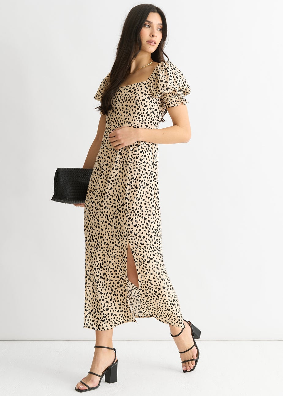 Gini London Beige Animal Printed Split Viscose Midi Dress