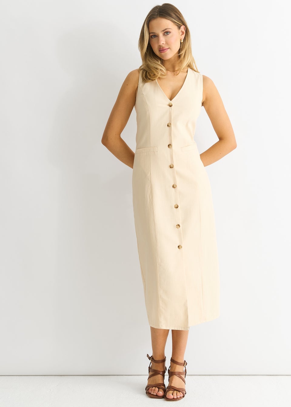 Gini London Stone Button Through Waist Coat Midi Dress