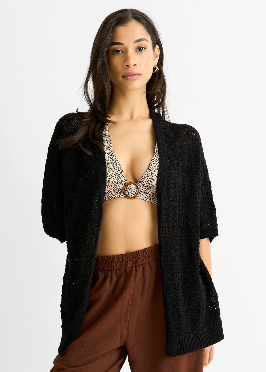 Gini London Black Crochet Knit Edge to Edge Cardigan