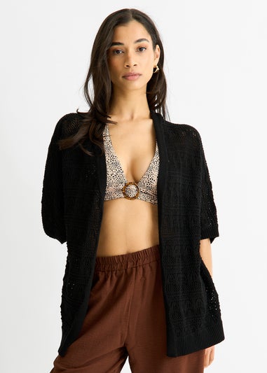 Gini London Black Crochet Knit Edge to Edge Cardigan