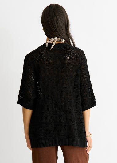 Gini London Black Crochet Knit Edge to Edge Cardigan