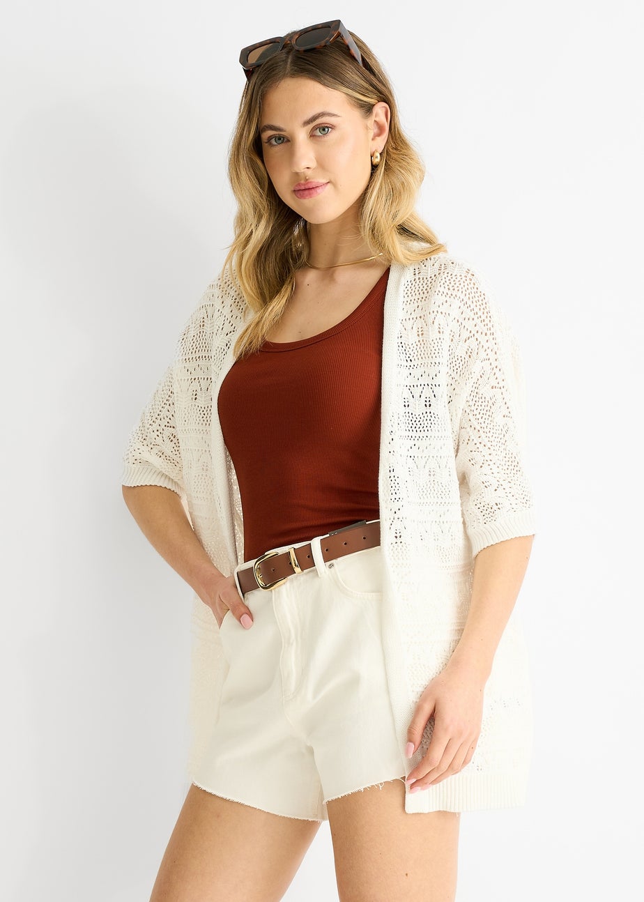 Gini London White Crochet Knit Edge to Edge Cardigan