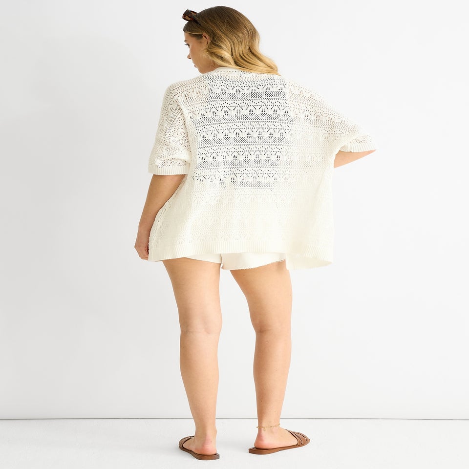 Gini London White Crochet Knit Edge to Edge Cardigan