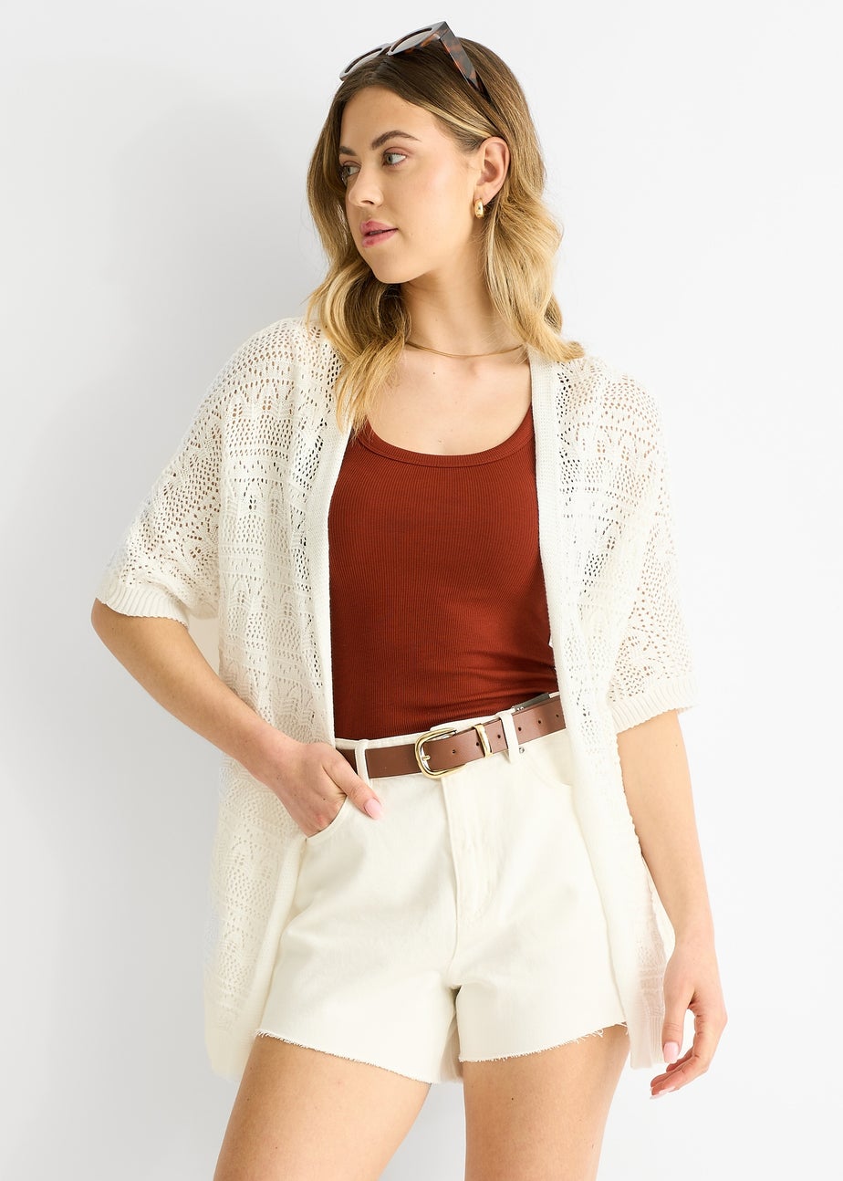 Gini London White Crochet Knit Edge to Edge Cardigan