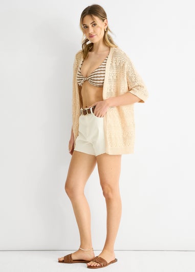 Gini London Beige Crochet Knit Edge to Edge Cardigan