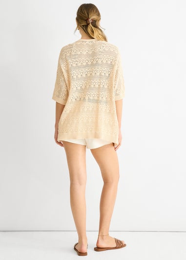 Gini London Beige Crochet Knit Edge to Edge Cardigan
