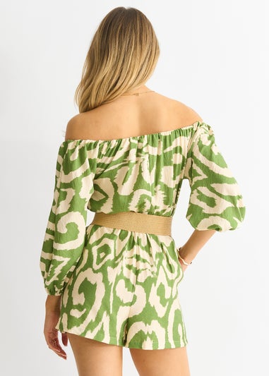 Gini London Green  Abstract Belted Bardot Viscose Playsuit