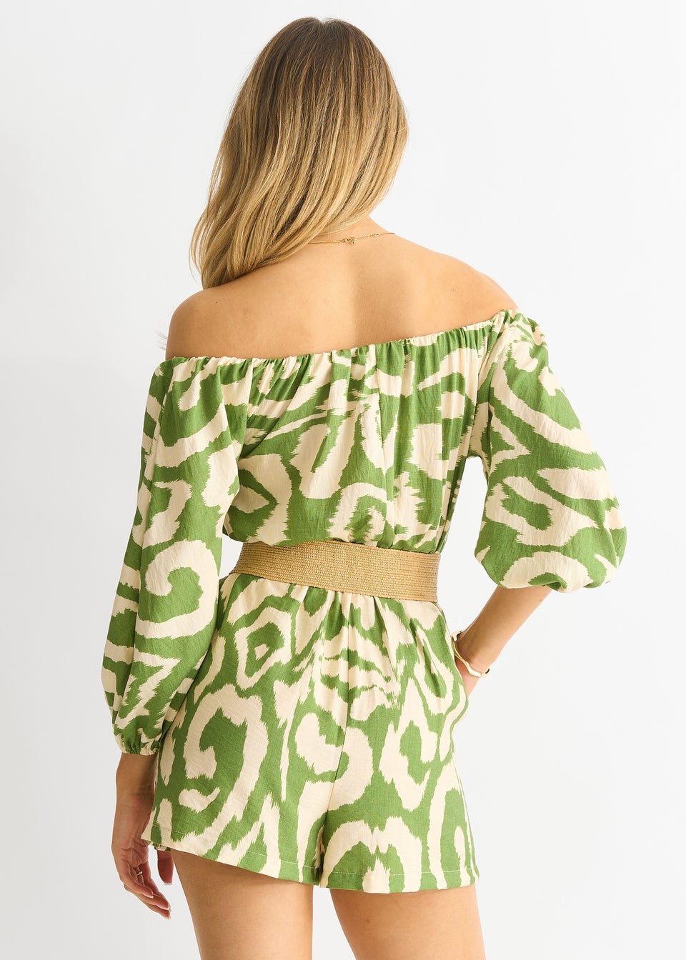 Gini London Green Abstract Belted Bardot Viscose Playsuit