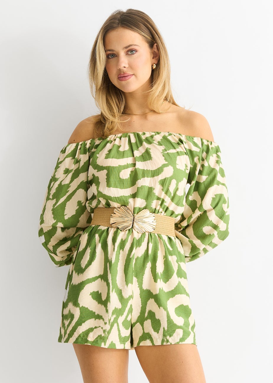 Gini London Green  Abstract Belted Bardot Viscose Playsuit