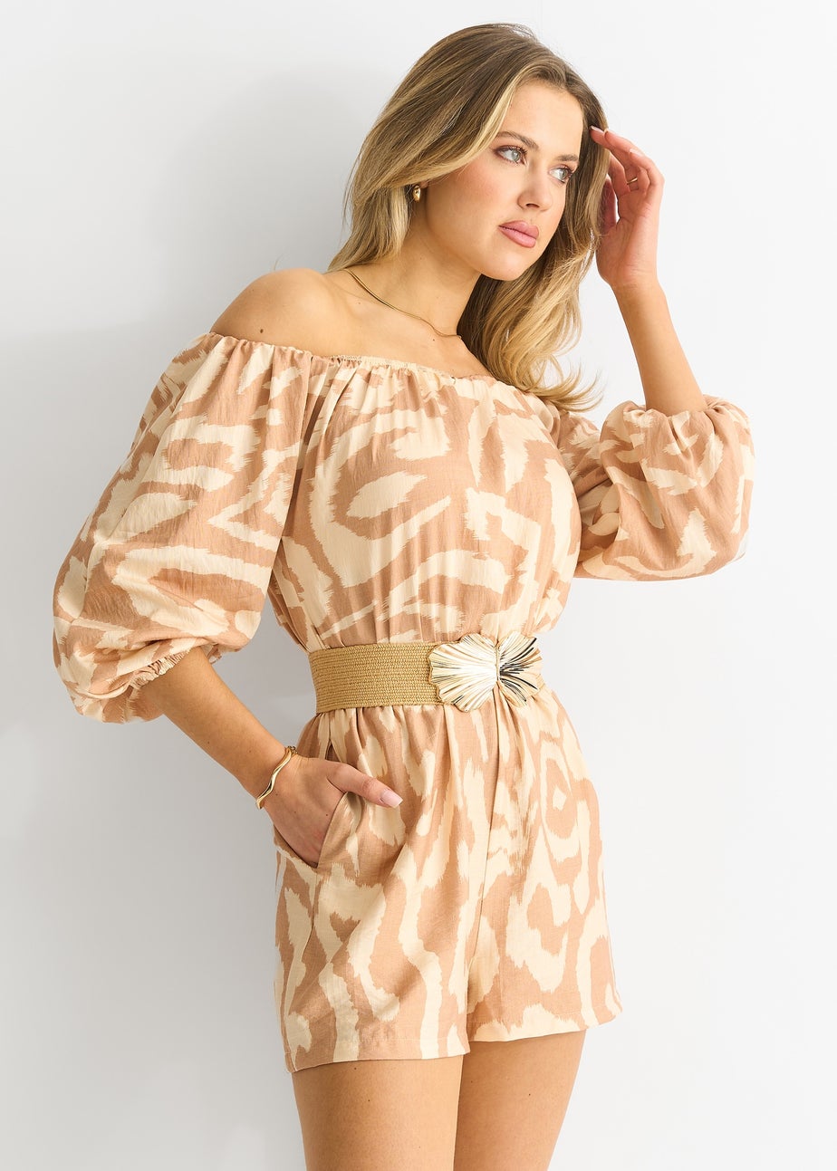 Gini London Beige Abstract Belted Bardot Viscose Playsuit