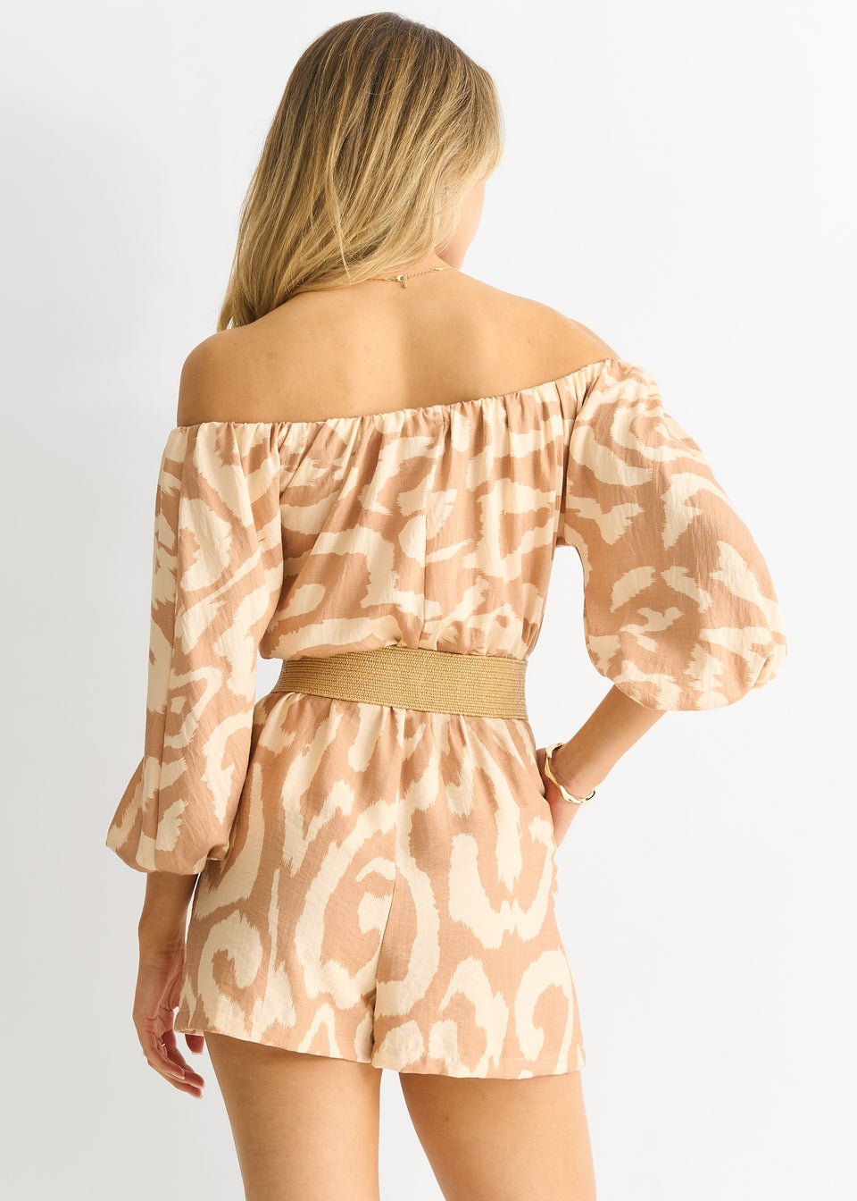 Gini London Beige Abstract Belted Bardot Viscose Playsuit