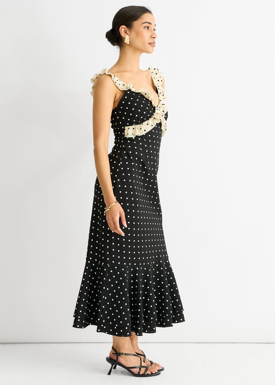 Gini London Black Spot Ruffle Bias Midi dress