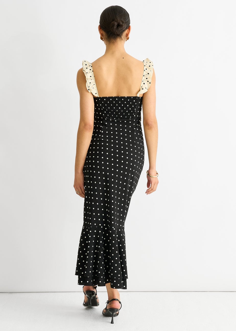 Gini London Black Spot Ruffle Bias Midi dress