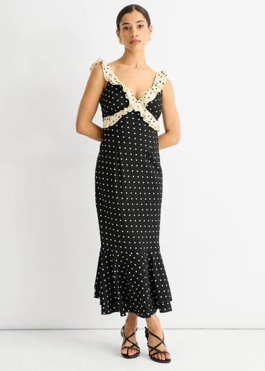 Gini London Black Spot Ruffle Bias Midi dress