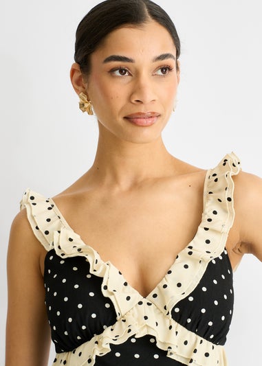Gini London Black Spot Ruffle Bias Midi dress