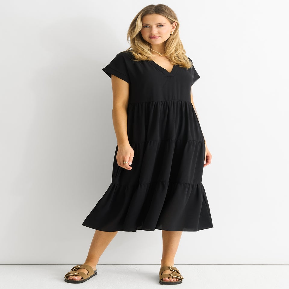 Gini London Black V Neck Pocket Smock Midi Dress