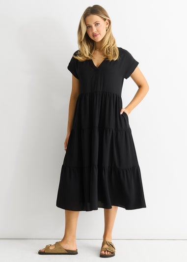 Gini London Black V Neck Pocket Smock Midi Dress
