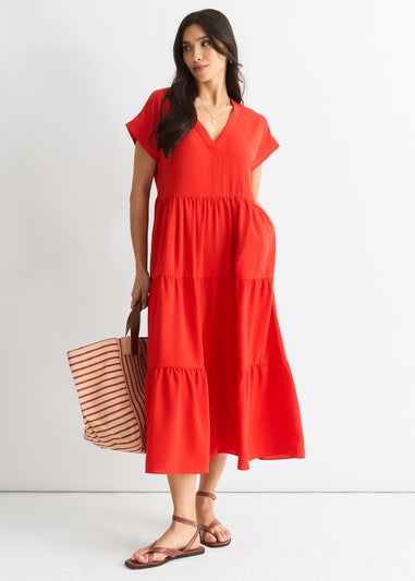 Gini London  Red V Neck Pocket Smock Midi Dress