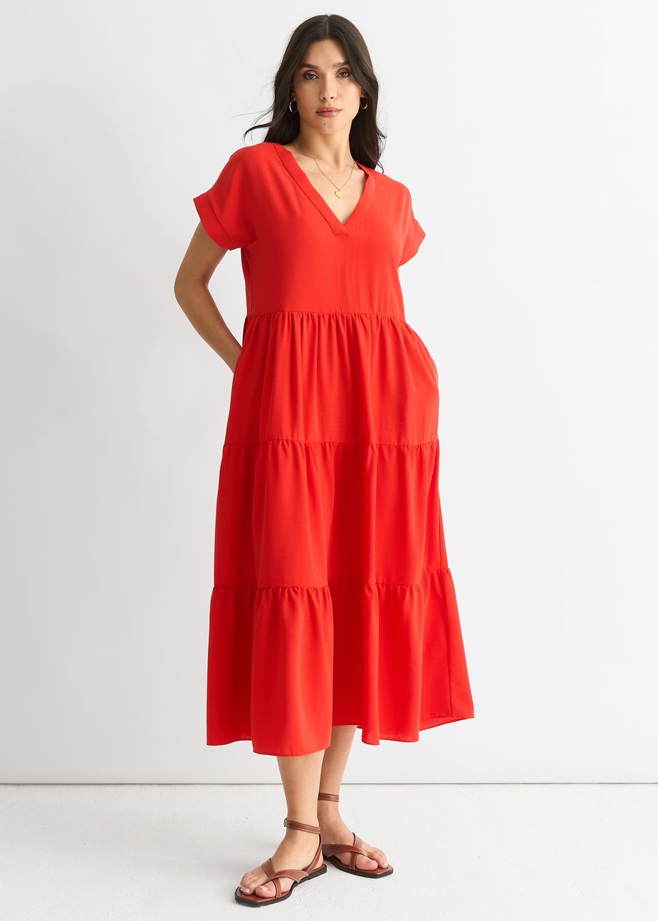 Gini London  Red V Neck Pocket Smock Midi Dress