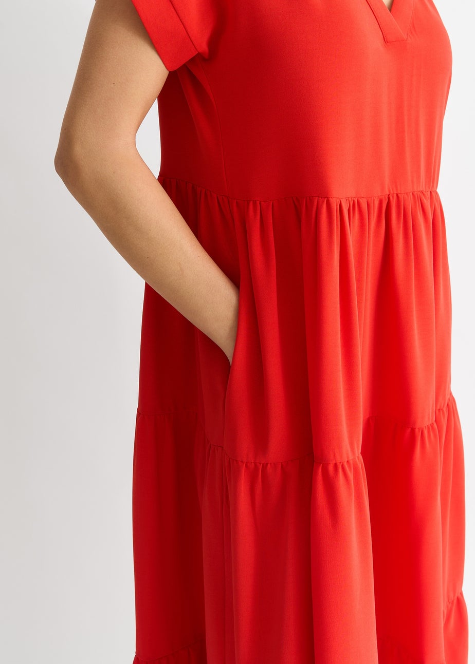 Gini London  Red V Neck Pocket Smock Midi Dress