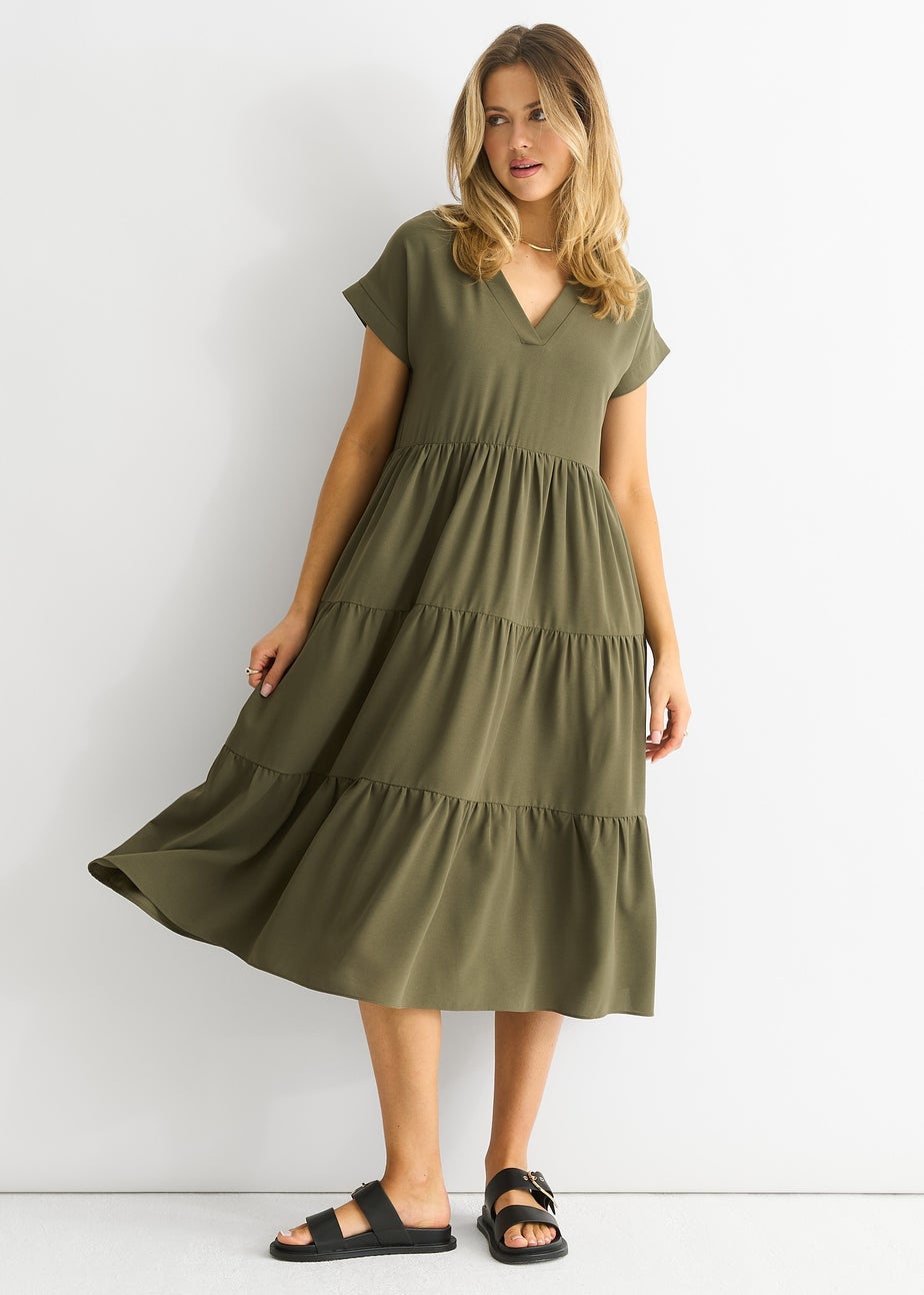 Gini London Khaki V Neck Pocket Smock Midi Dress
