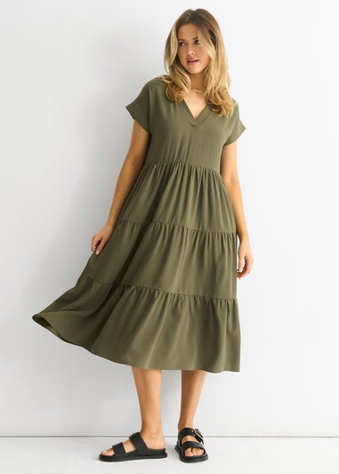 Gini London Khaki V Neck Pocket Smock Midi Dress