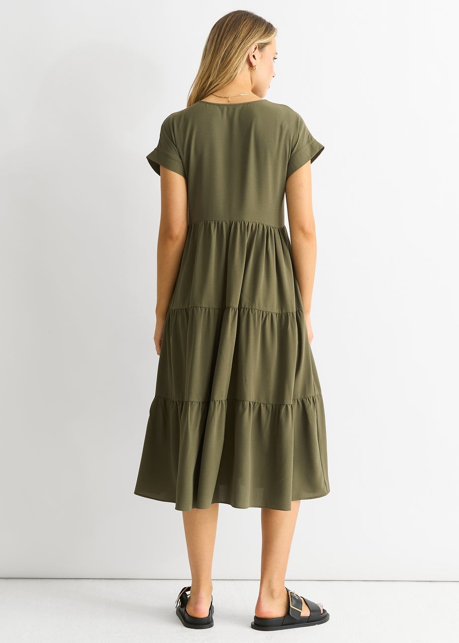 Gini London Khaki V Neck Pocket Smock Midi Dress