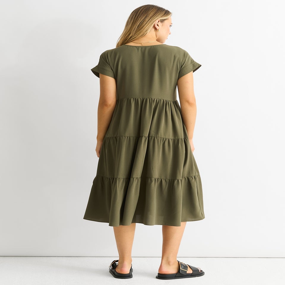 Gini London Khaki V Neck Pocket Smock Midi Dress
