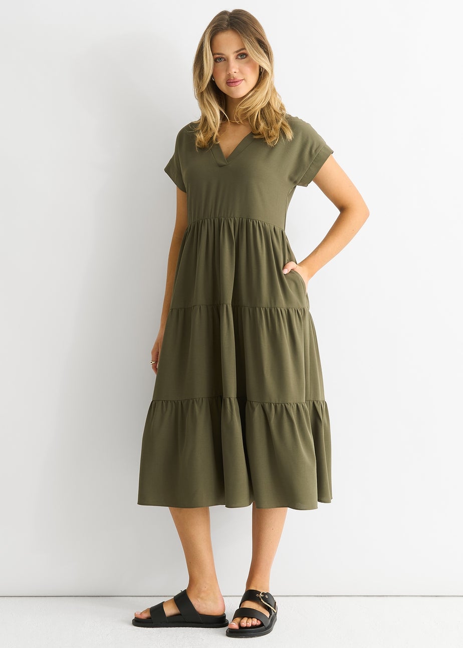 Gini London Khaki V Neck Pocket Smock Midi Dress