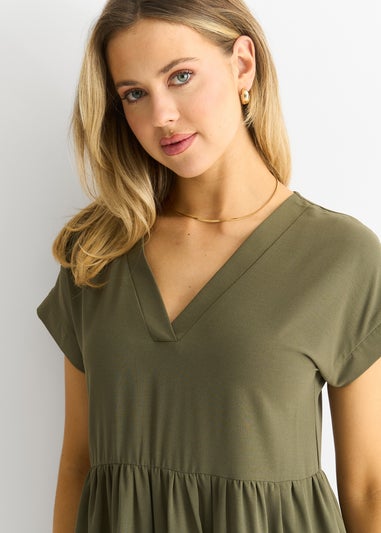 Gini London Khaki V Neck Pocket Smock Midi Dress