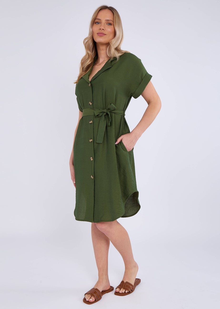 Gini London Khaki Utility Belted Oversized Viscose Shirt Dress
