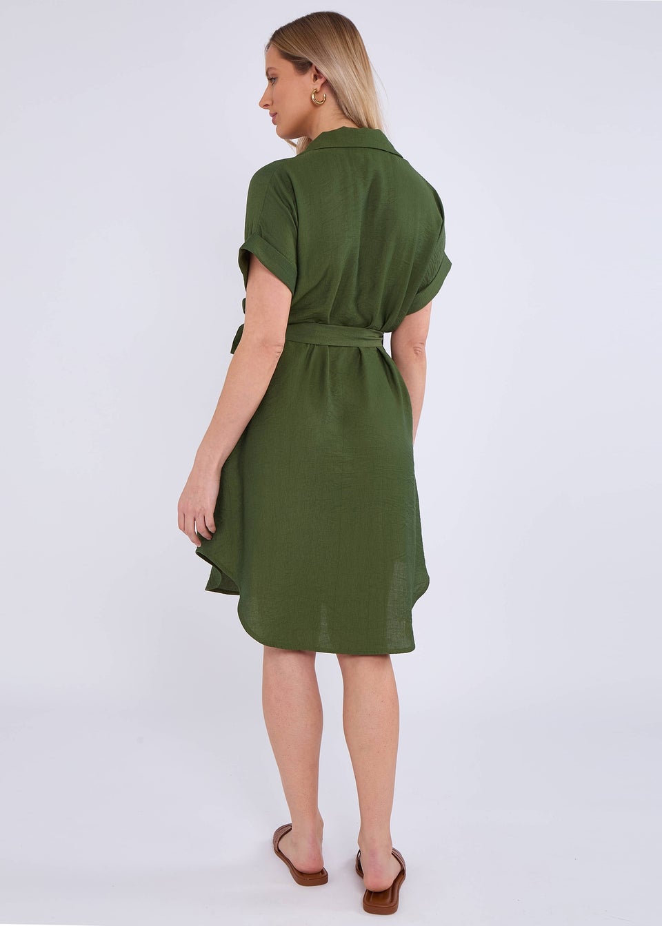 Gini London Khaki Utility Belted Oversized Viscose Shirt Dress