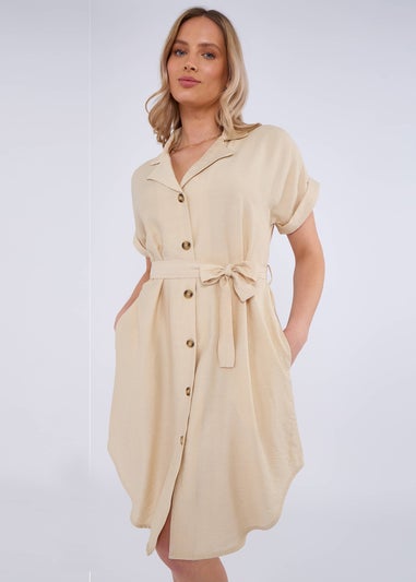Gini London Beige Utility Belted Oversized Viscose Shirt Dress