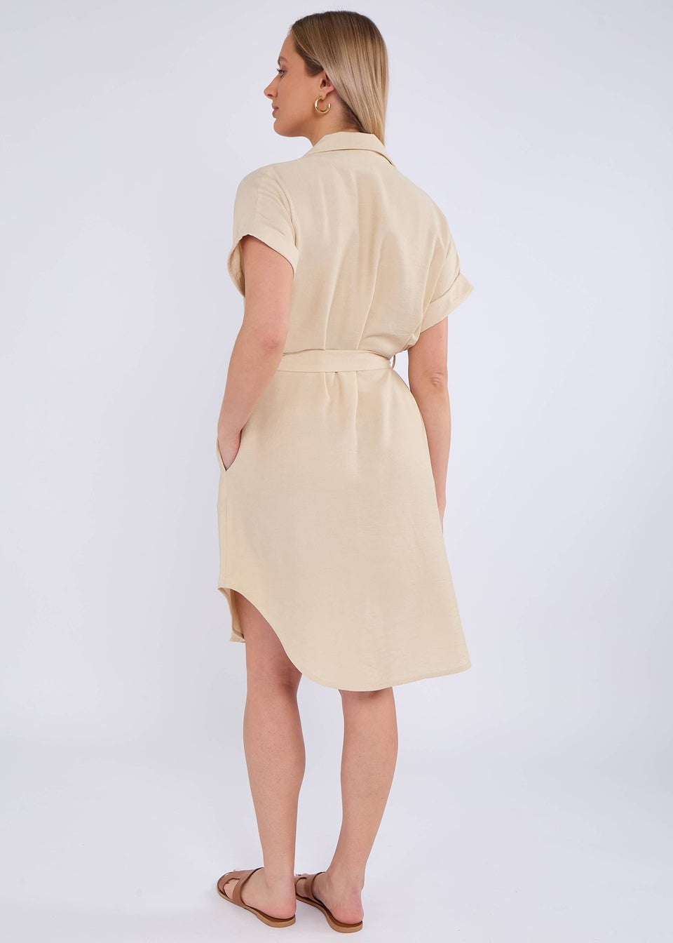 Gini London Beige Utility Belted Oversized Viscose Shirt Dress