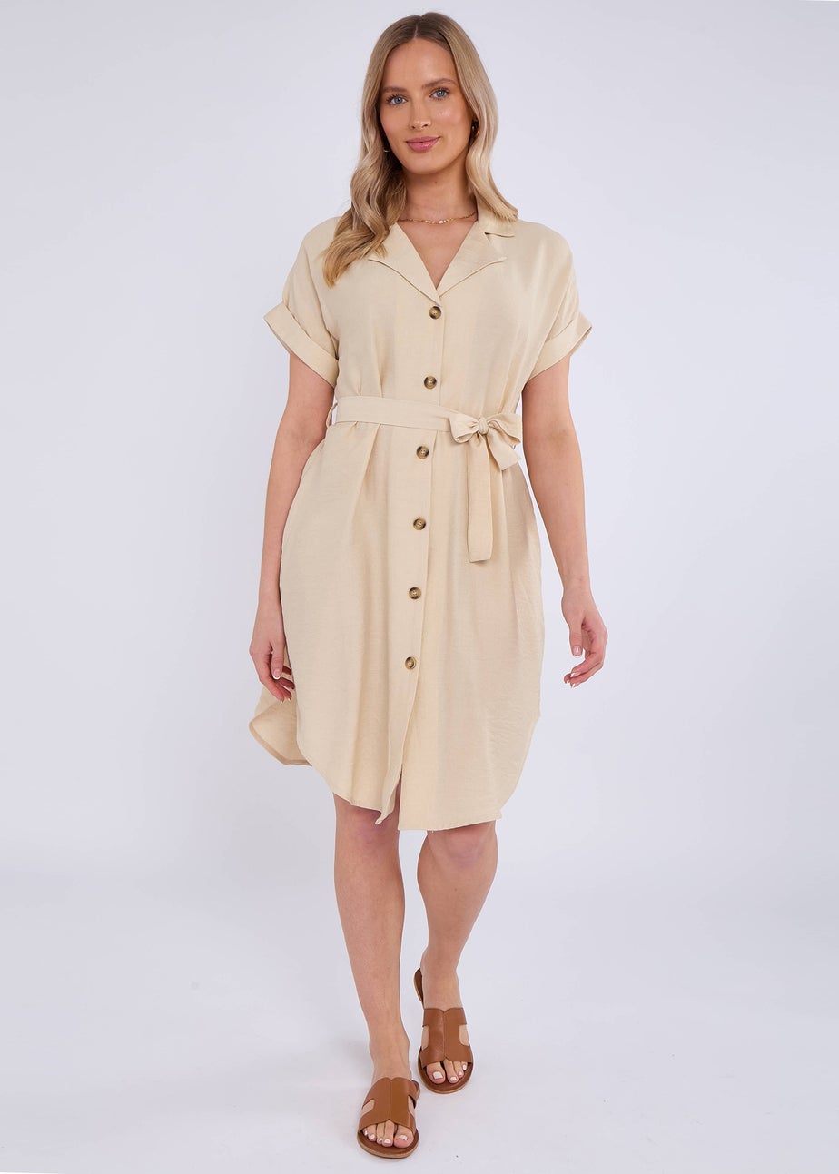 Gini London Beige Utility Belted Oversized Viscose Shirt Dress