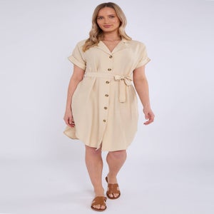 Gini London Beige Utility Belted Oversized Viscose Shirt Dress