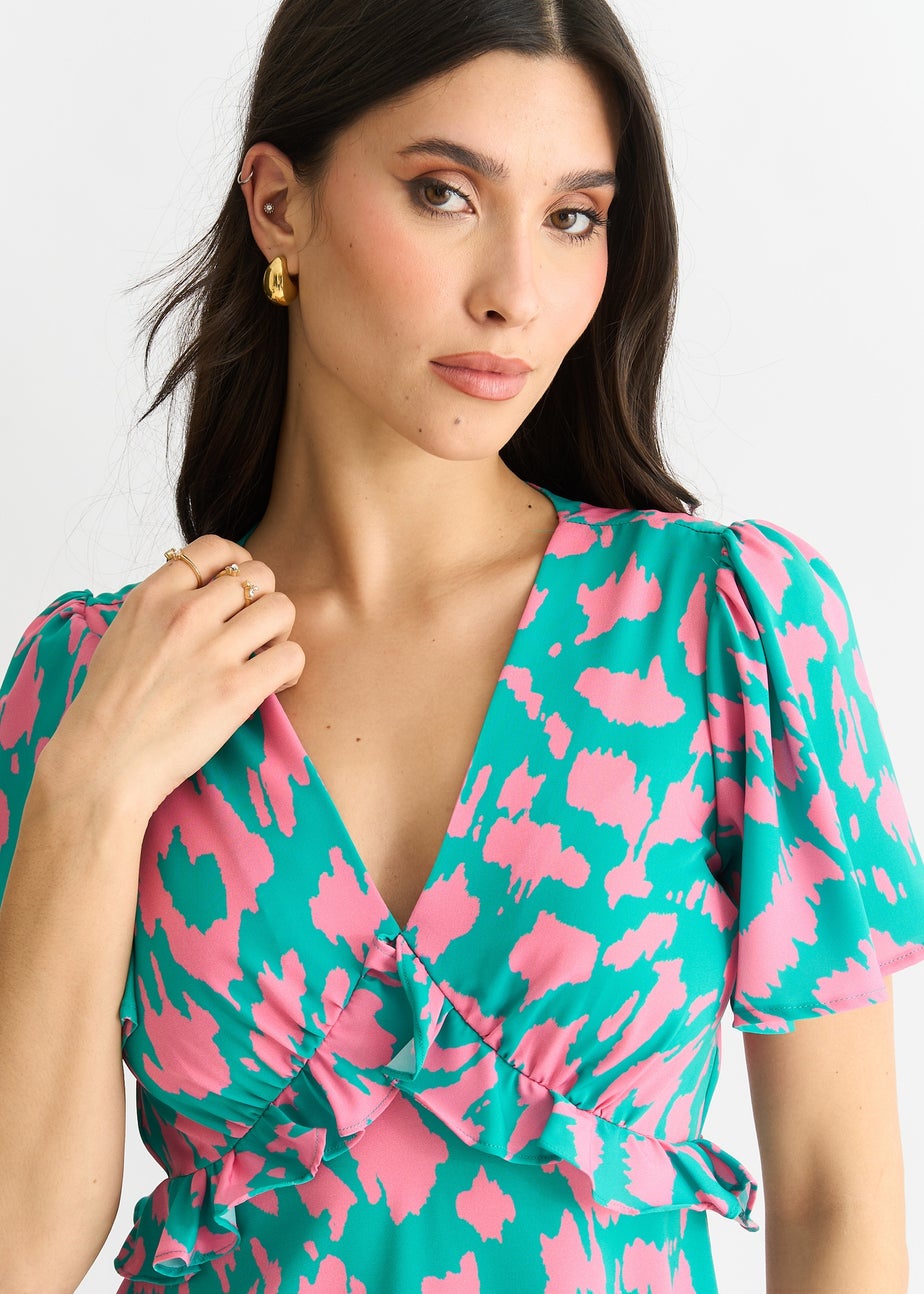 Gini London Green Animal Print V Neck Ruffle Midi Dress